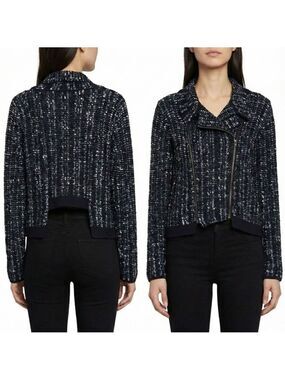 BCBGMAXAZRIA 100% Cotton Reeve Moto Cardigan Boucle Tweed Cropped Jacket Sz S